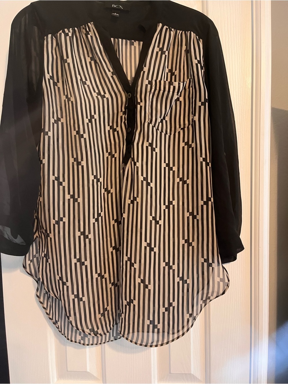 BCX Black and White Striped Sheer-Sleeve Blouse